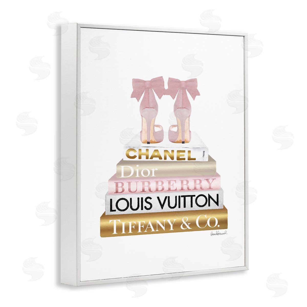 Pink Gold Heels Bookstack White Frame Print Wall Art, Home Decor by Amanda Greenwood
