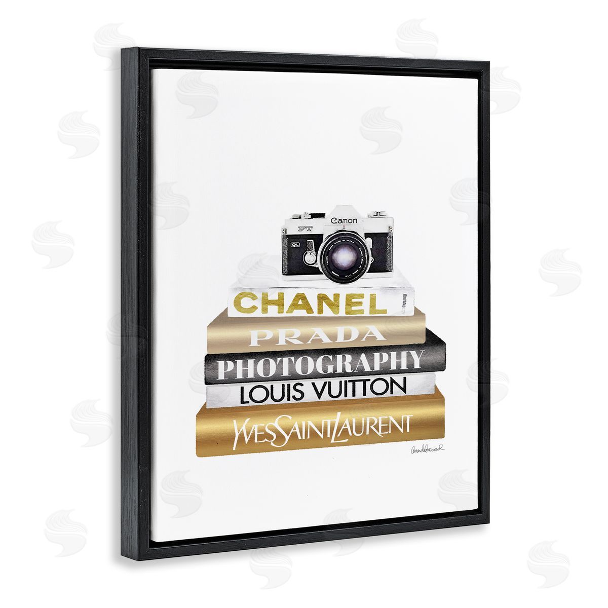 Camera Gold Black Bookstack Black Floating Frame Canvas Wall Art, Home Decor by Amanda Greenwood