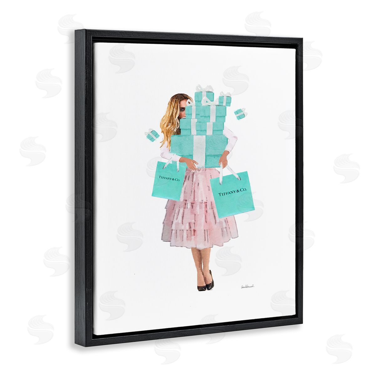Woman Shopping Blue Pink Glam Black Floating Frame Canvas Wall Art, Home Decor by Amanda Greenwood