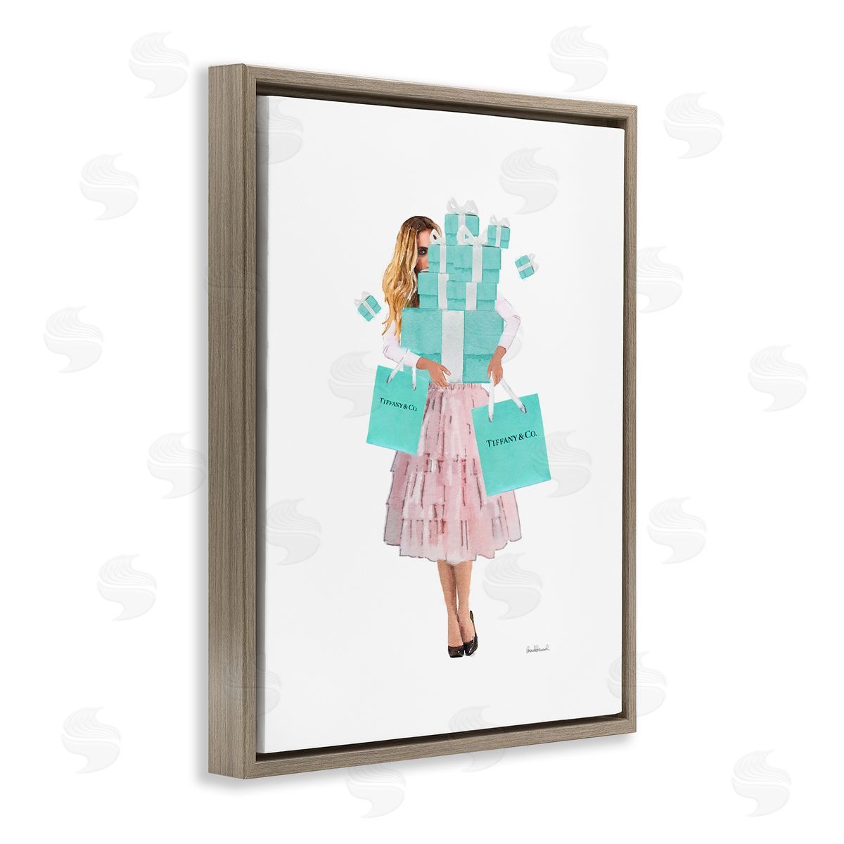 Woman Shopping Blue Pink Glam Brown Floating Frame Canvas Wall Art, Home Decor by Amanda Greenwood
