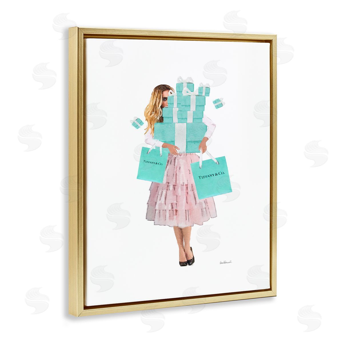 Woman Shopping Blue Pink Glam Gold Floating Frame Canvas Wall Art, Home Decor by Amanda Greenwood