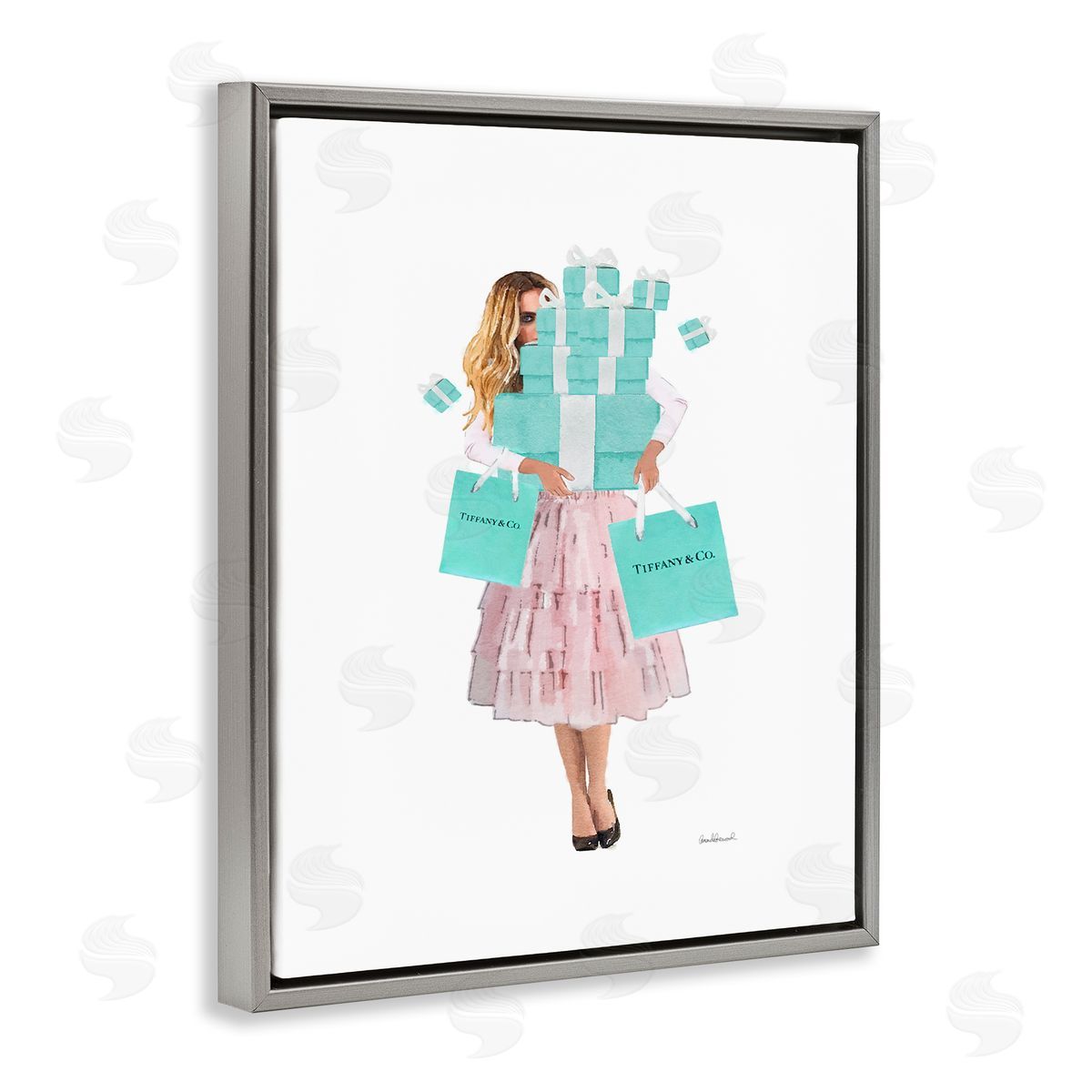 Woman Shopping Blue Pink Glam Grey Floating Frame Canvas Wall Art, Home Decor by Amanda Greenwood