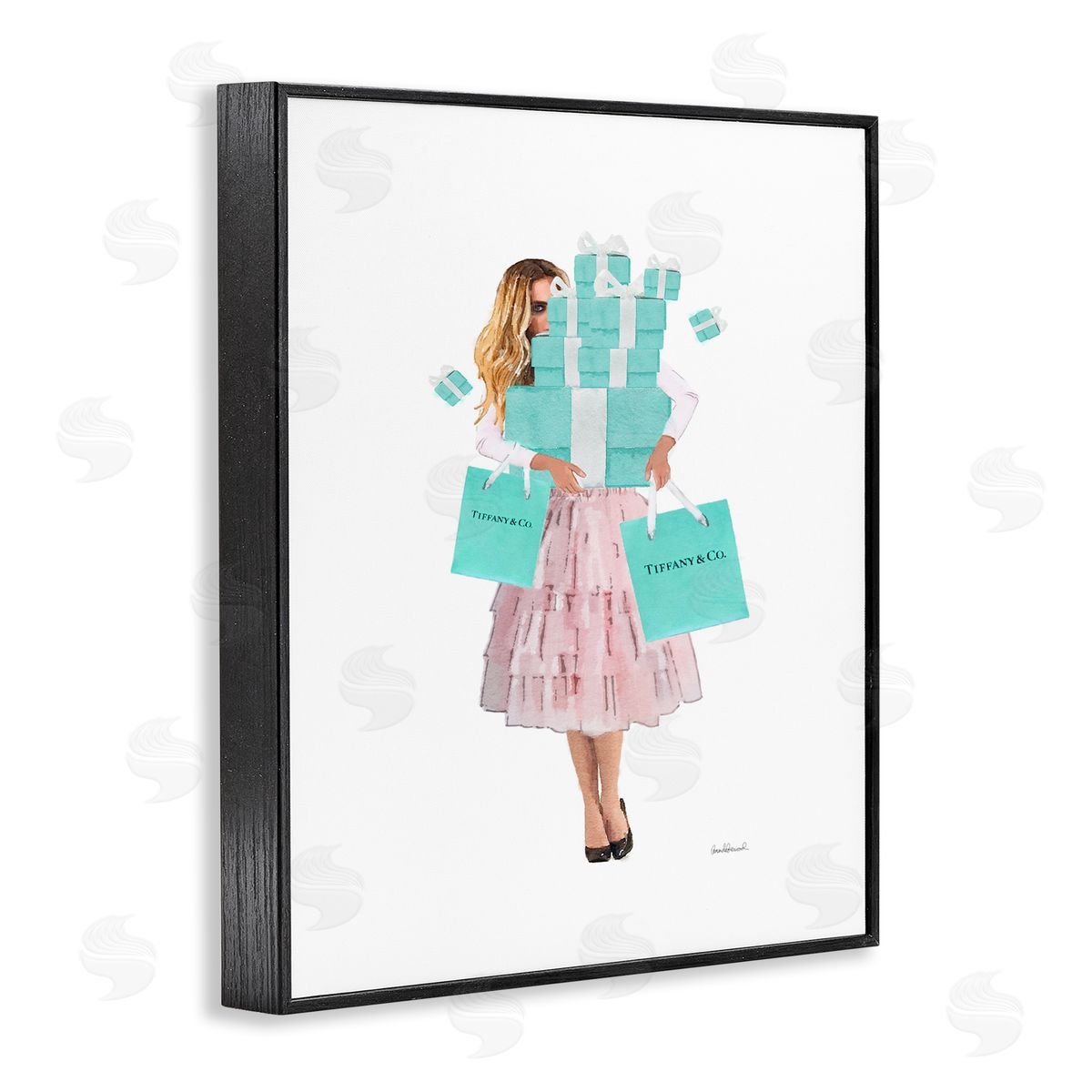 Woman Shopping Blue Pink Glam Black Frame Print Wall Art, Home Decor by Amanda Greenwood