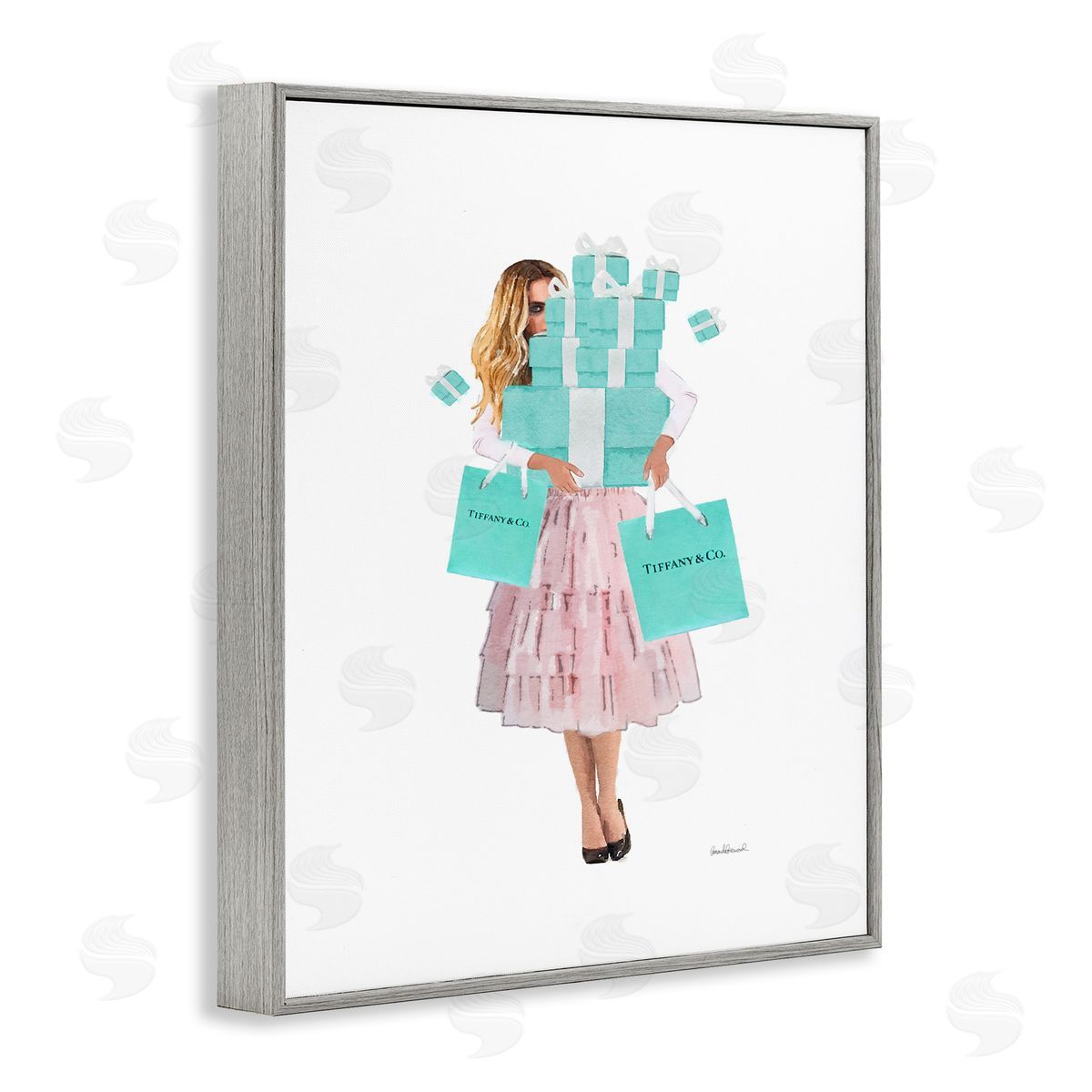 Woman Shopping Blue Pink Glam Grey Frame Print Wall Art, Home Decor by Amanda Greenwood