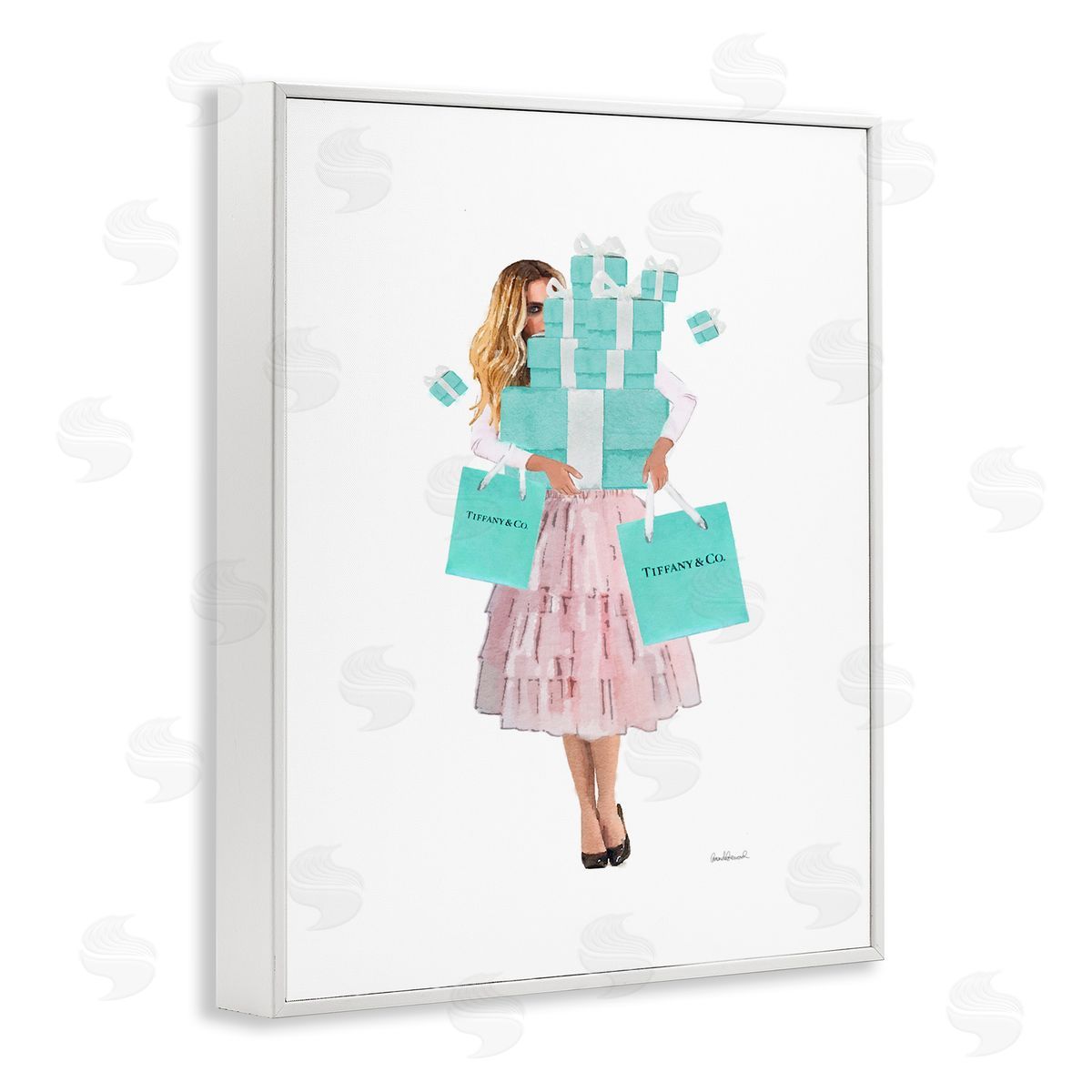 Woman Shopping Blue Pink Glam White Frame Print Wall Art, Home Decor by Amanda Greenwood