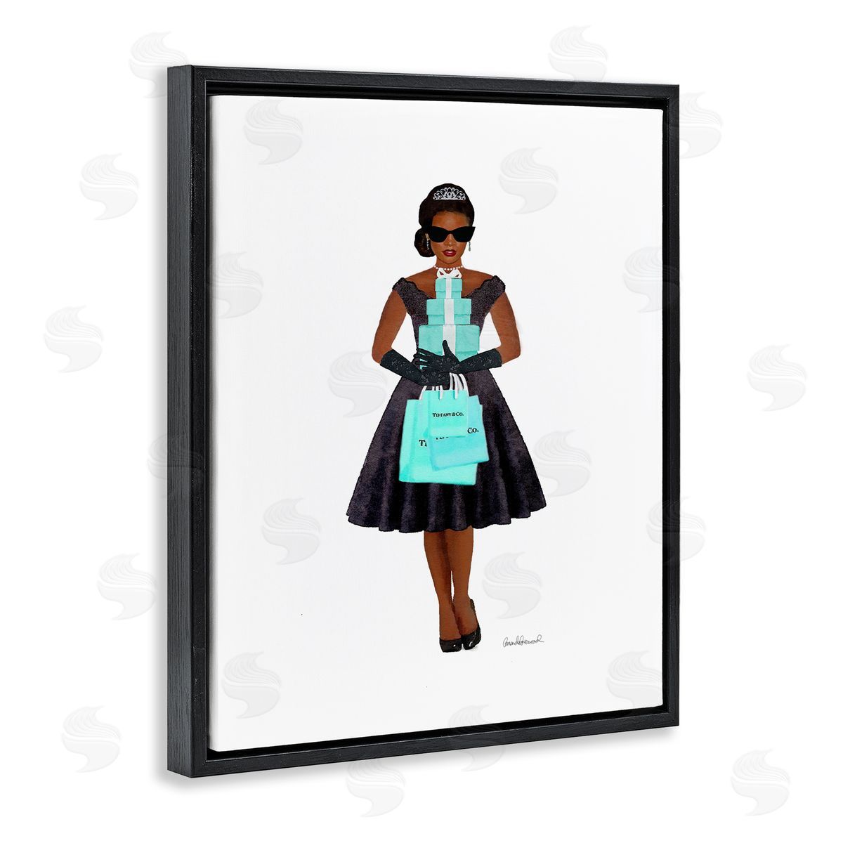 Woman Shopping Blue Glam Fashion Black Floating Frame Canvas Wall Art, Home Decor by Amanda Greenwood
