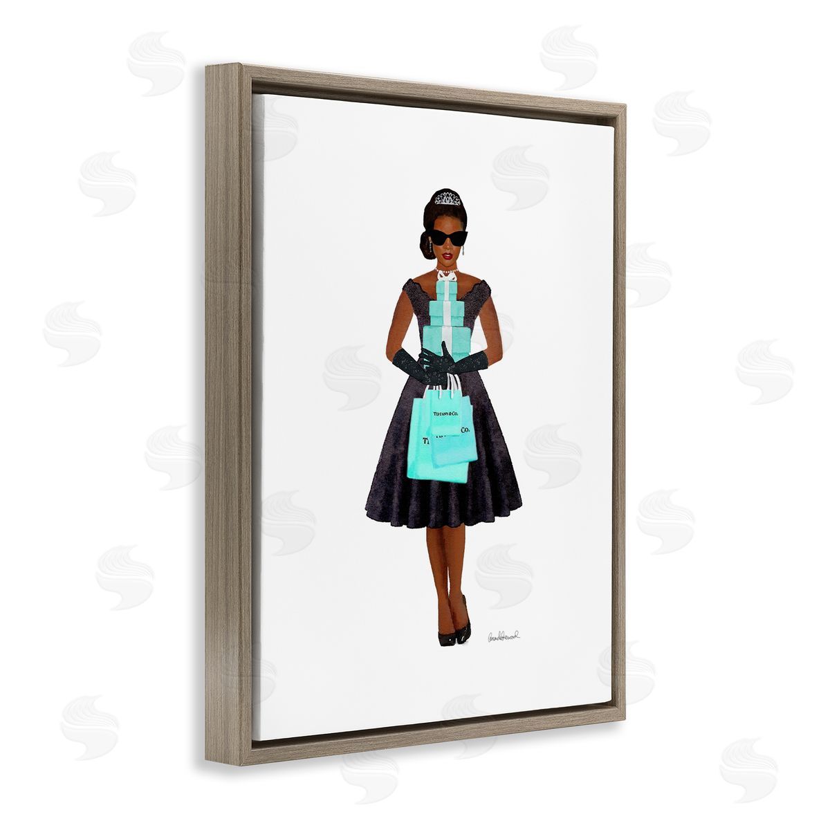 Woman Shopping Blue Glam Fashion Brown Floating Frame Canvas Wall Art, Home Decor by Amanda Greenwood