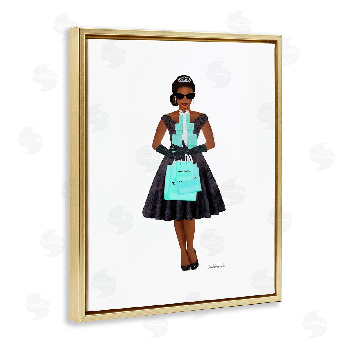 Woman Shopping Blue Glam Fashion Gold Floating Frame Canvas Wall Art, Home Decor by Amanda Greenwood