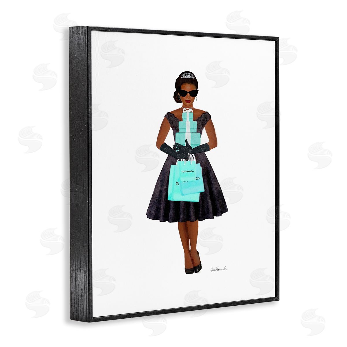 Woman Shopping Blue Glam Fashion Black Frame Print Wall Art, Home Decor by Amanda Greenwood