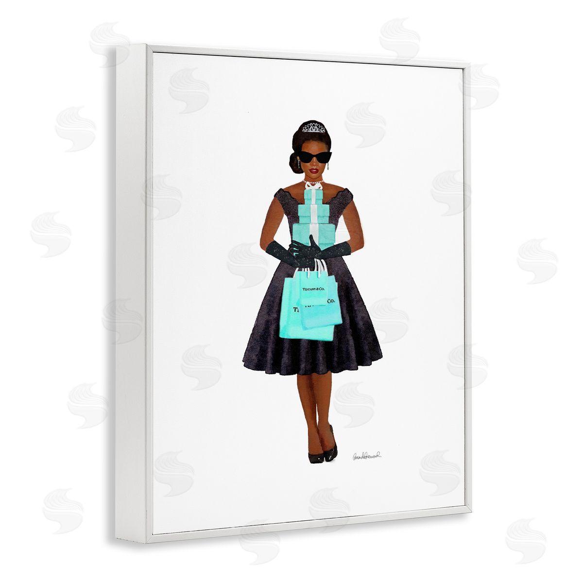 Woman Shopping Blue Glam Fashion White Frame Print Wall Art, Home Decor by Amanda Greenwood