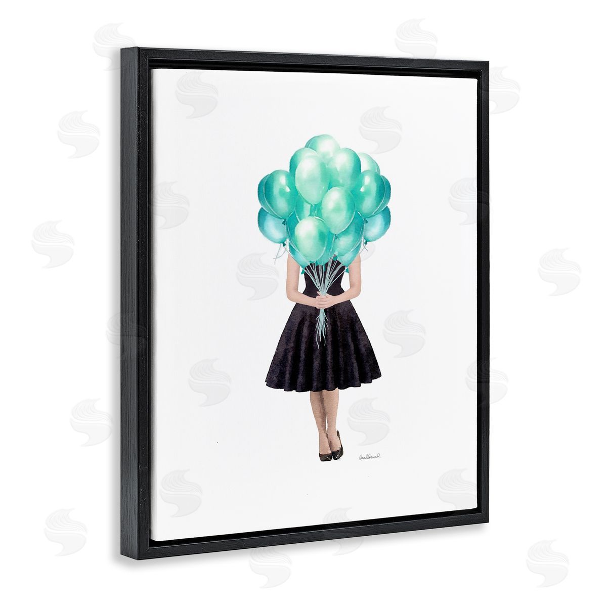 Blue Balloon Black Dress Woman Black Floating Frame Canvas Wall Art, Home Decor by Amanda Greenwood