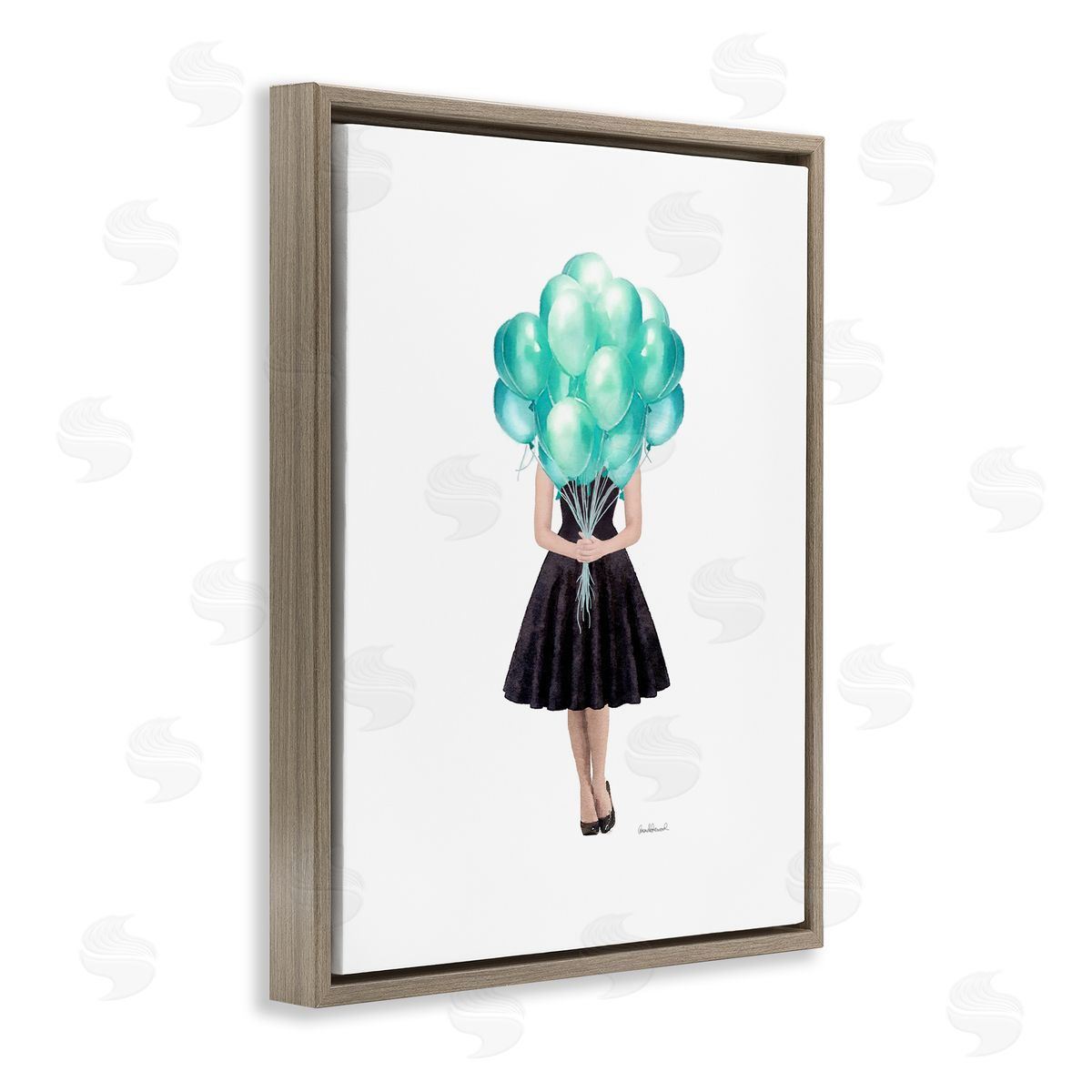Blue Balloon Black Dress Woman Brown Floating Frame Canvas Wall Art, Home Decor by Amanda Greenwood