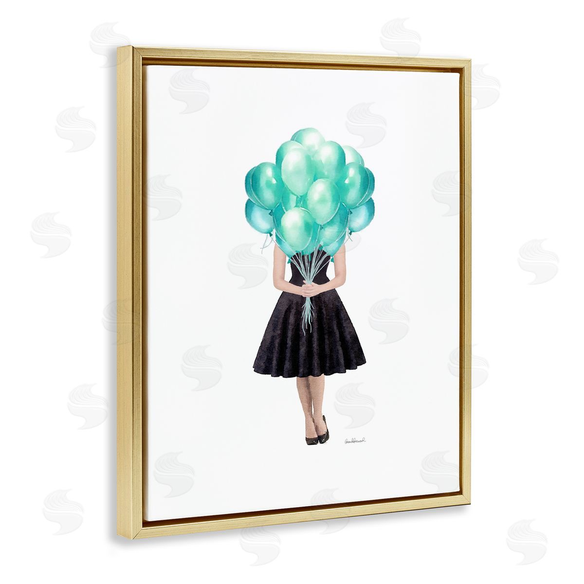 Blue Balloon Black Dress Woman Gold Floating Frame Canvas Wall Art, Home Decor by Amanda Greenwood