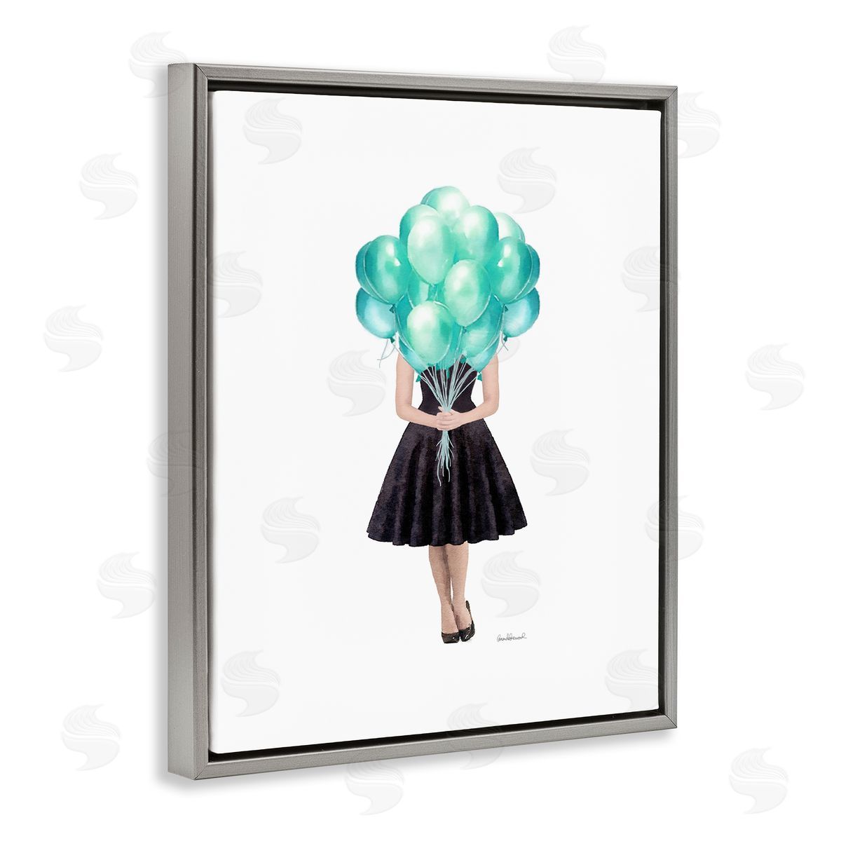 Blue Balloon Black Dress Woman Grey Floating Frame Canvas Wall Art, Home Decor by Amanda Greenwood