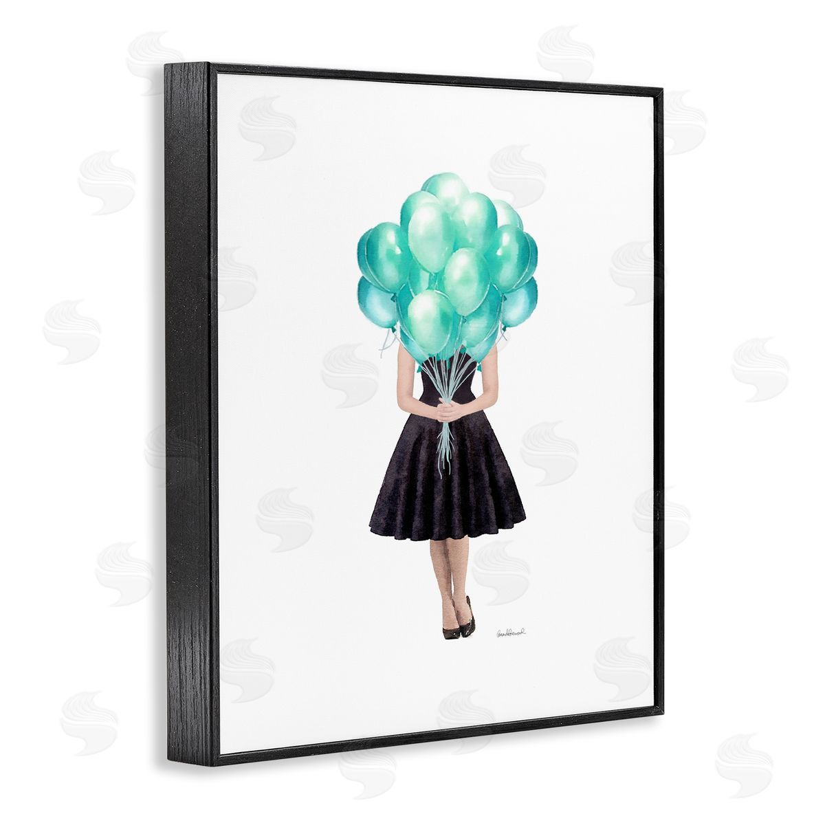 Blue Balloon Black Dress Woman Black Frame Print Wall Art, Home Decor by Amanda Greenwood