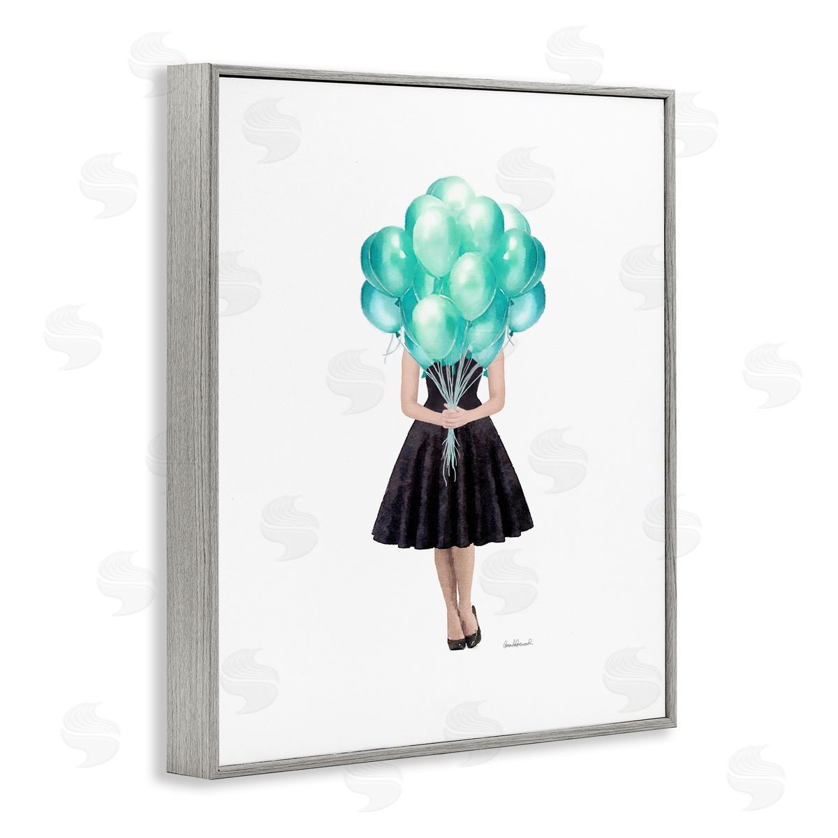 Blue Balloon Black Dress Woman Grey Frame Print Wall Art, Home Decor by Amanda Greenwood