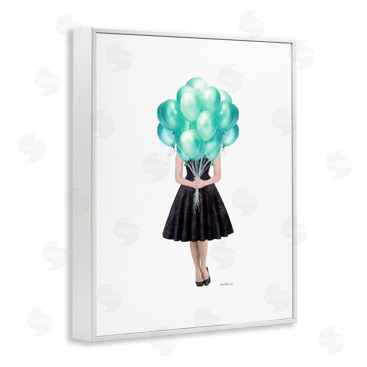 Blue Balloon Black Dress Woman White Frame Print Wall Art, Home Decor by Amanda Greenwood