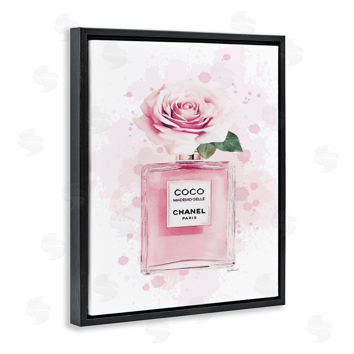 Pink Flower Perfume Black Floating Frame Canvas Wall Art, Home Decor by Amanda Greenwood