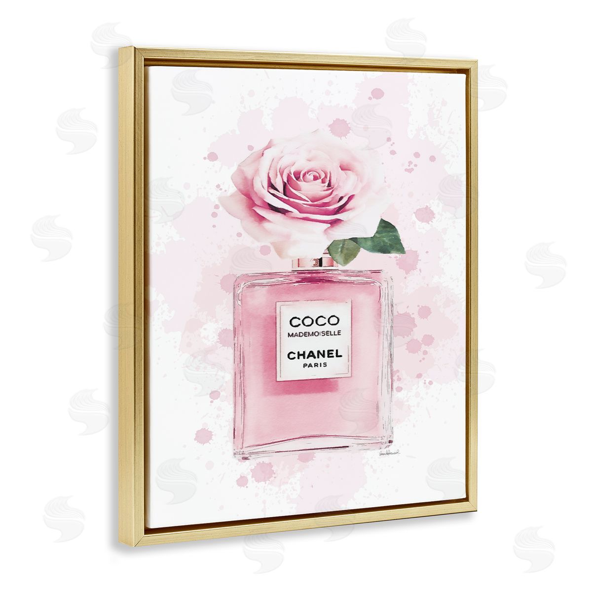 Pink Flower Perfume Gold Floating Frame Canvas Wall Art, Home Decor by Amanda Greenwood