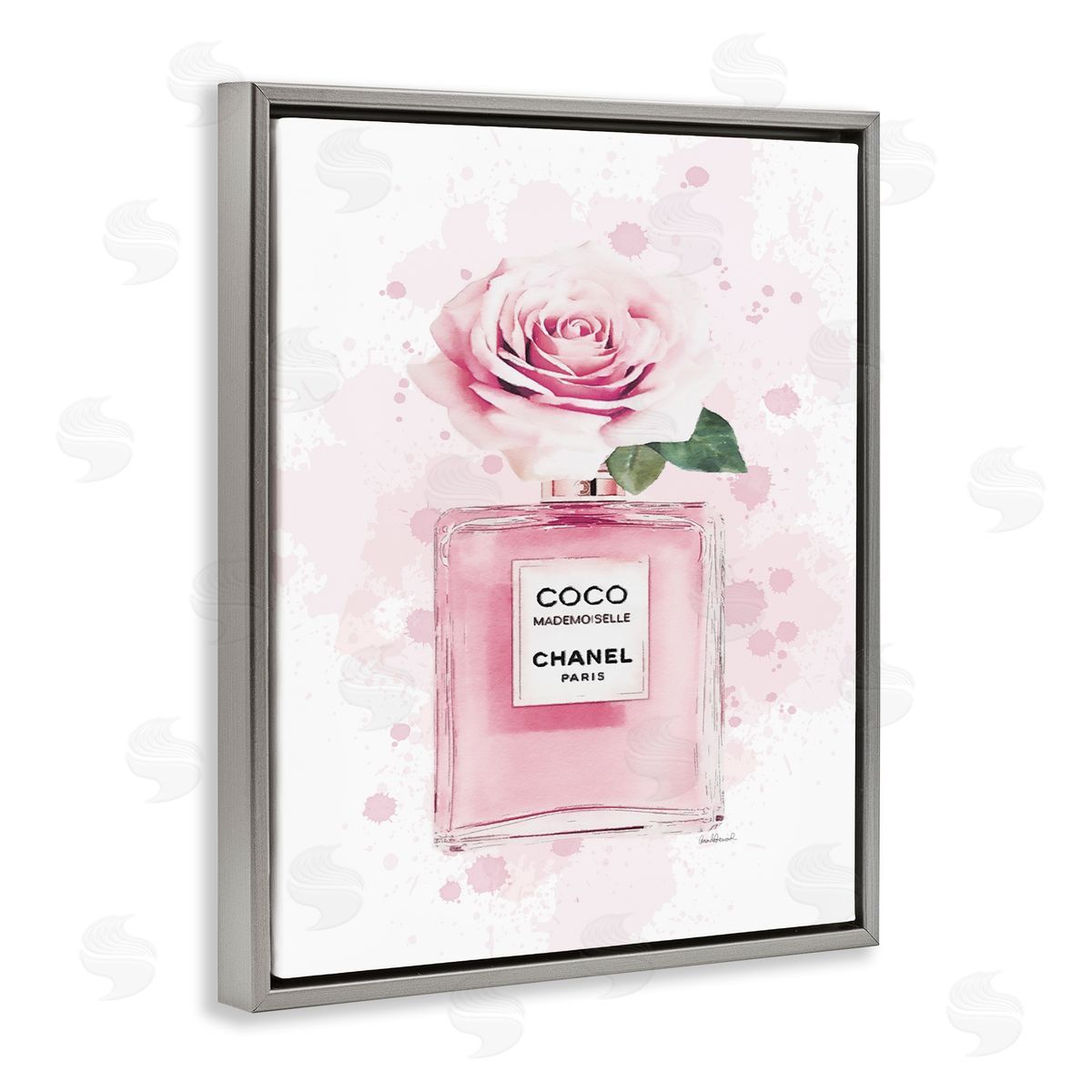 Pink Flower Perfume Grey Floating Frame Canvas Wall Art, Home Decor by Amanda Greenwood