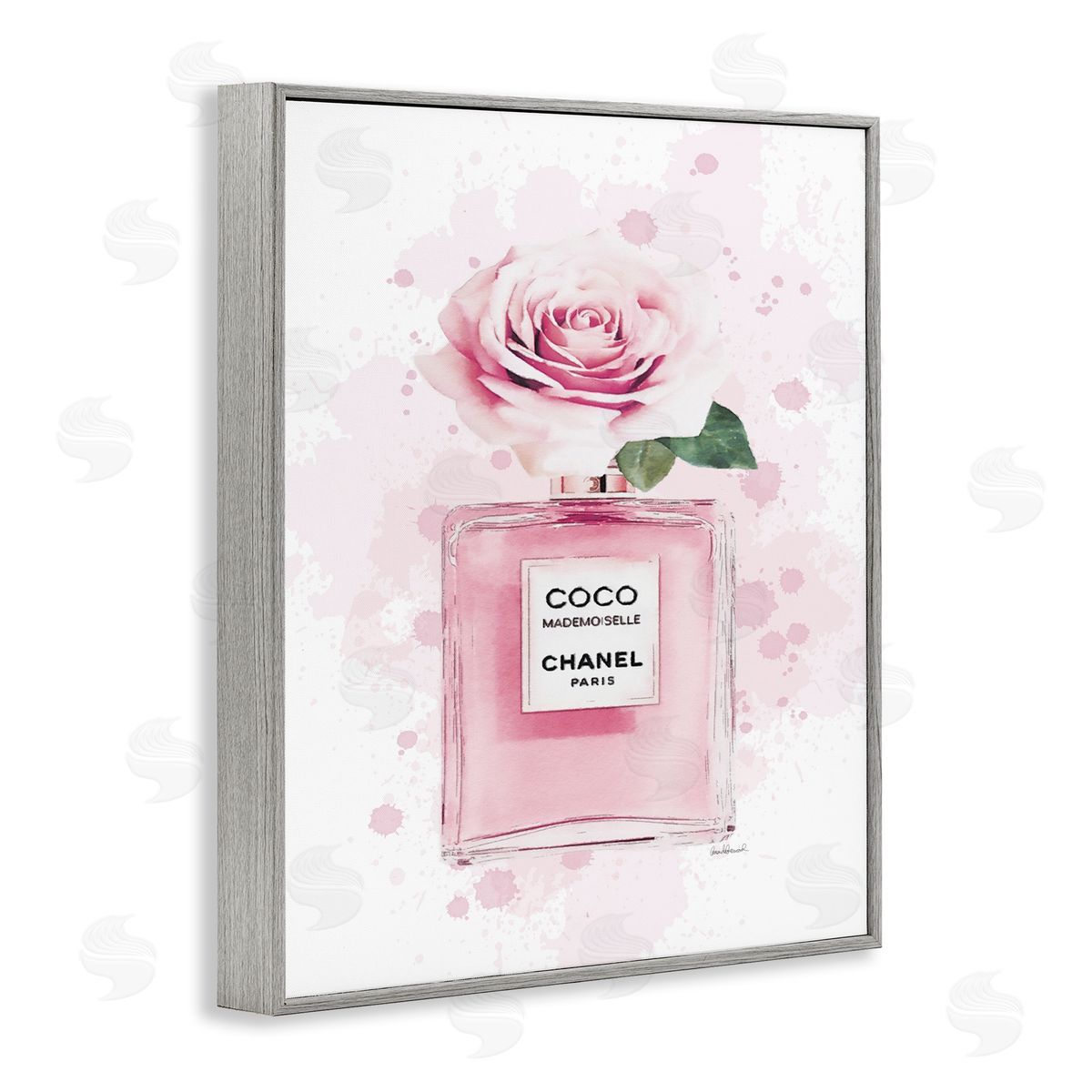 Pink Flower Perfume Grey Frame Print Wall Art, Home Decor by Amanda Greenwood
