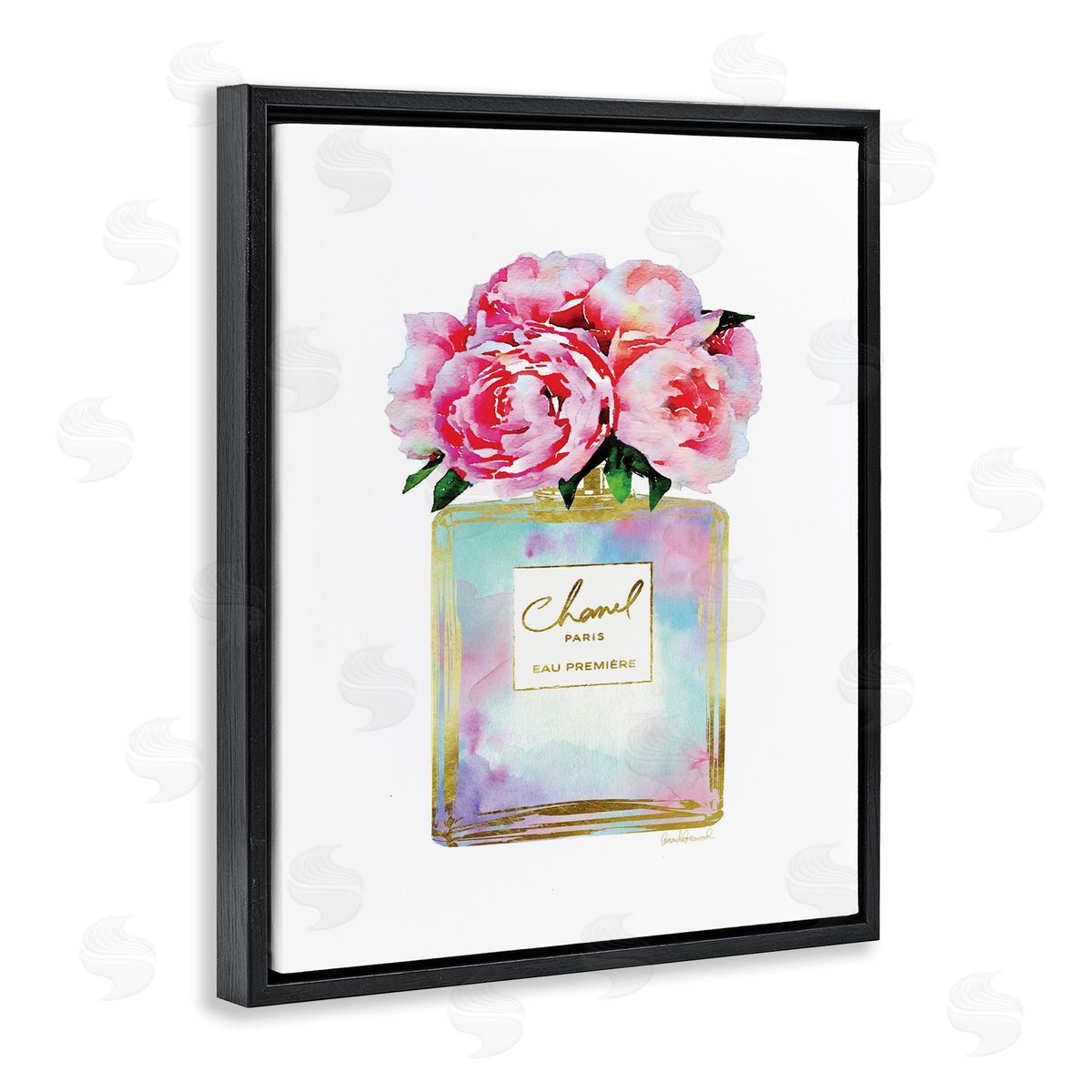 Pink Gold Flower Perfume Fashion Black Floating Frame Canvas Wall Art, Home Decor by Amanda Greenwood