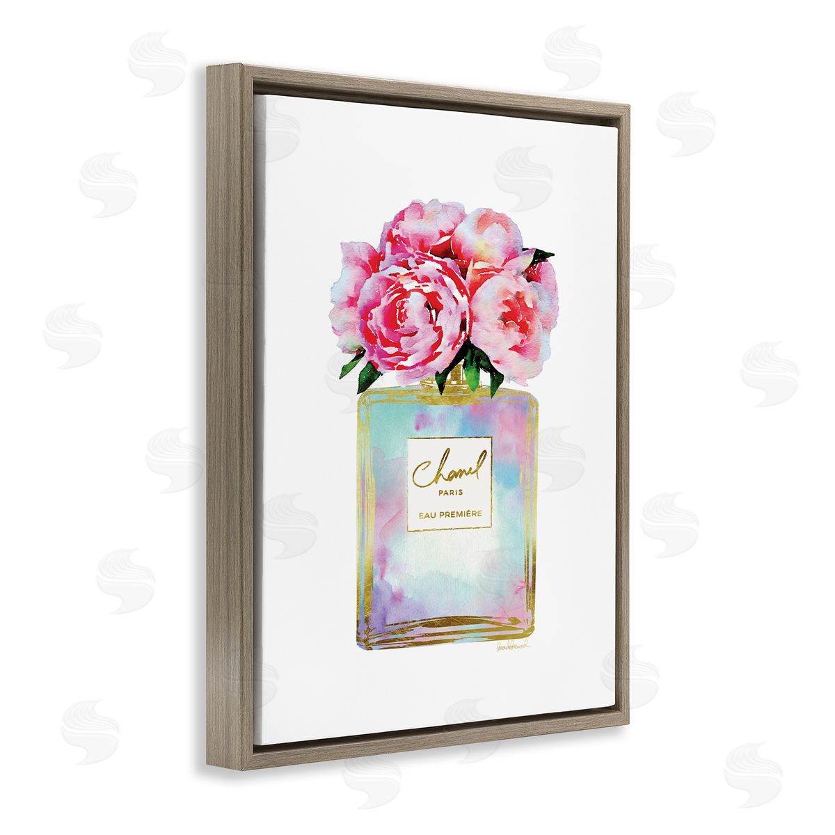 Pink Gold Flower Perfume Fashion Brown Floating Frame Canvas Wall Art, Home Decor by Amanda Greenwood