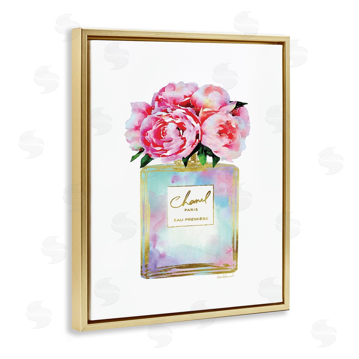Pink Gold Flower Perfume Fashion Gold Floating Frame Canvas Wall Art, Home Decor by Amanda Greenwood