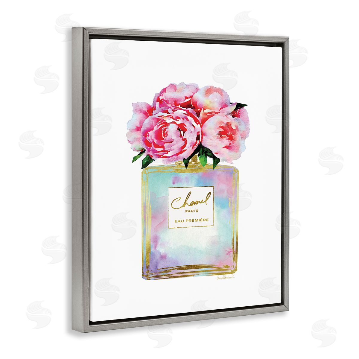 Pink Gold Flower Perfume Fashion Grey Floating Frame Canvas Wall Art, Home Decor by Amanda Greenwood