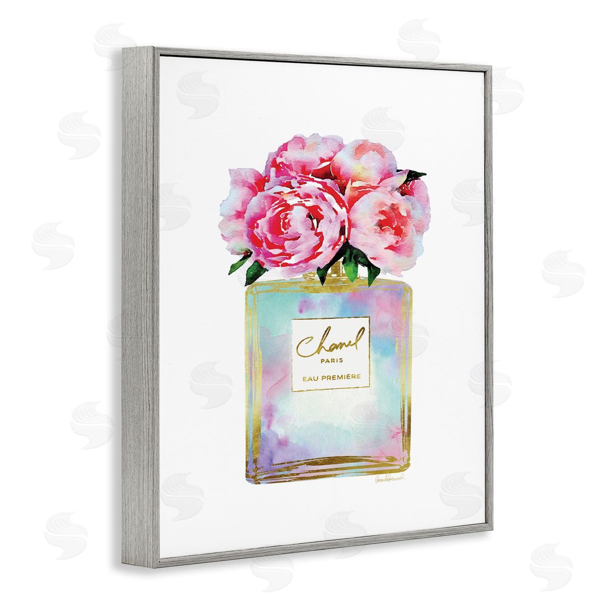 Pink Gold Flower Perfume Fashion Grey Frame Print Wall Art, Home Decor by Amanda Greenwood