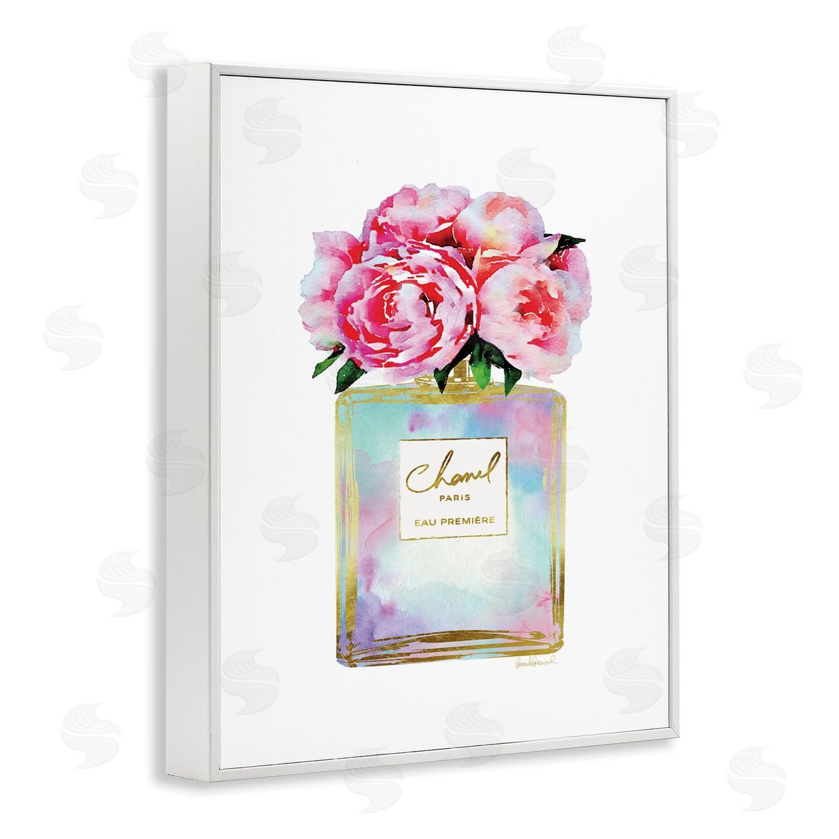 Pink Gold Flower Perfume Fashion White Frame Print Wall Art, Home Decor by Amanda Greenwood