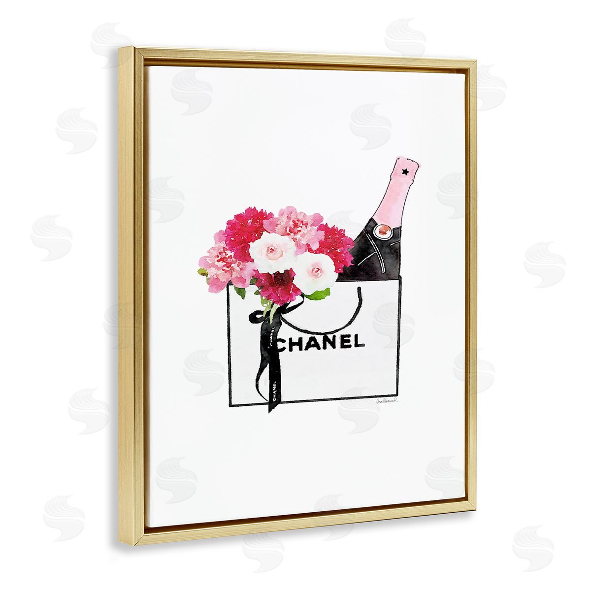 Fashion Brand Flowers & Wine Gold Floating Frame Canvas Wall Art, Home Decor by Amanda Greenwood