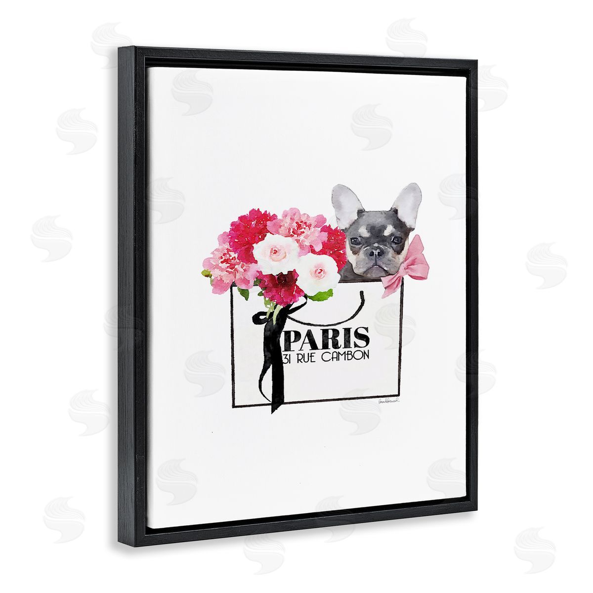 Fashion Bag Flowers & Dog Black Floating Frame Canvas Wall Art, Home Decor by Amanda Greenwood