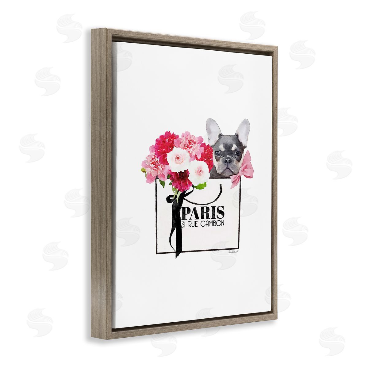 Fashion Bag Flowers & Dog Brown Floating Frame Canvas Wall Art, Home Decor by Amanda Greenwood