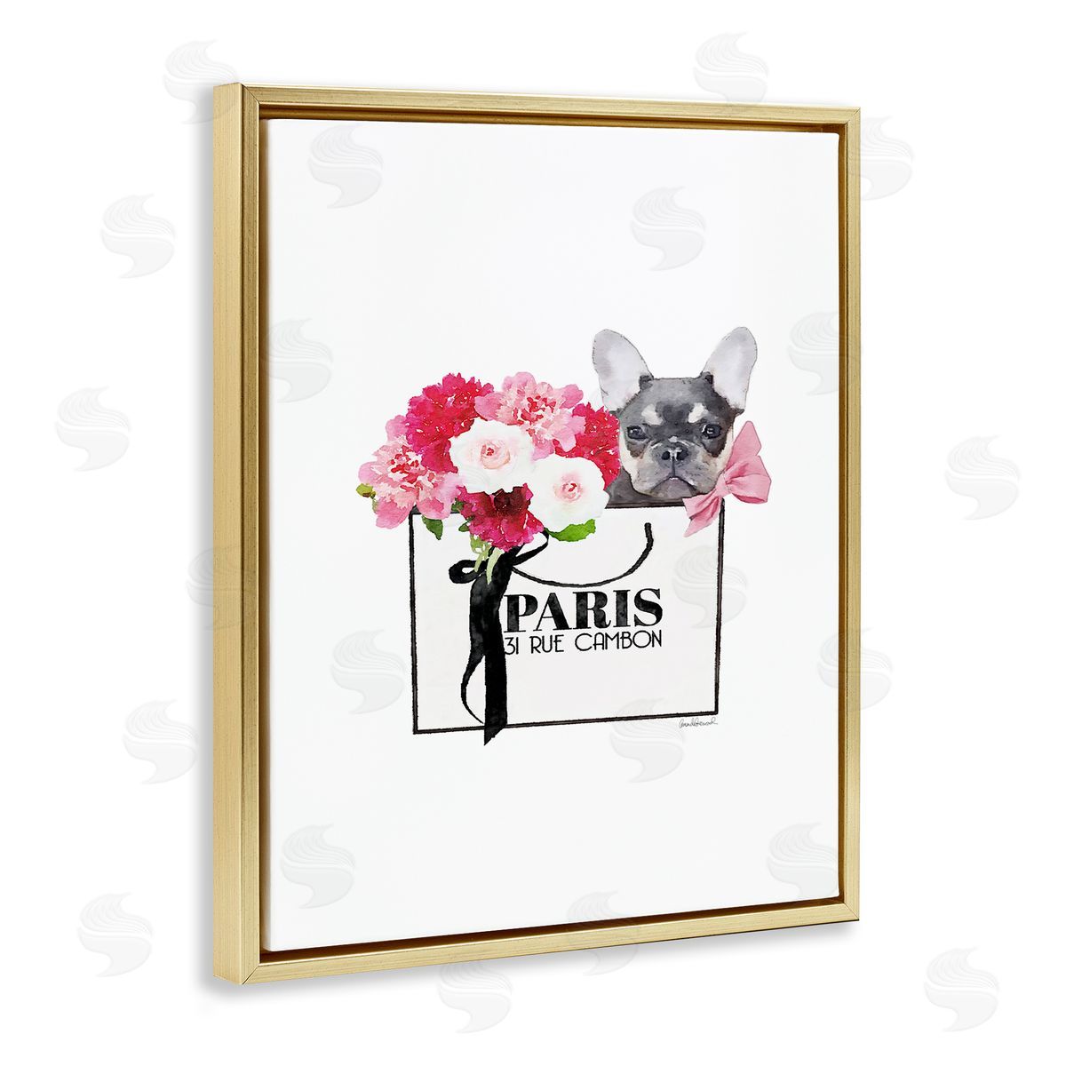 Fashion Bag Flowers & Dog Gold Floating Frame Canvas Wall Art, Home Decor by Amanda Greenwood