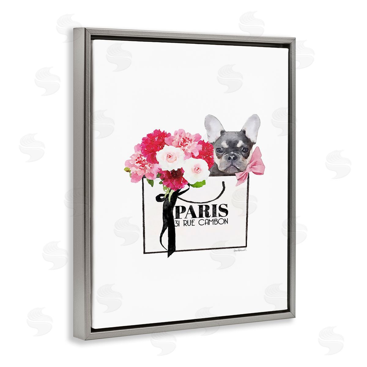 Fashion Bag Flowers & Dog Grey Floating Frame Canvas Wall Art, Home Decor by Amanda Greenwood