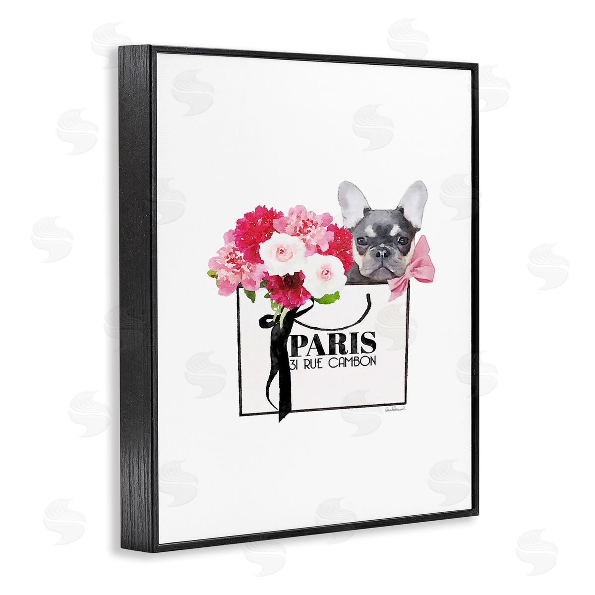 Fashion Bag Flowers & Dog Black Frame Print Wall Art, Home Decor by Amanda Greenwood