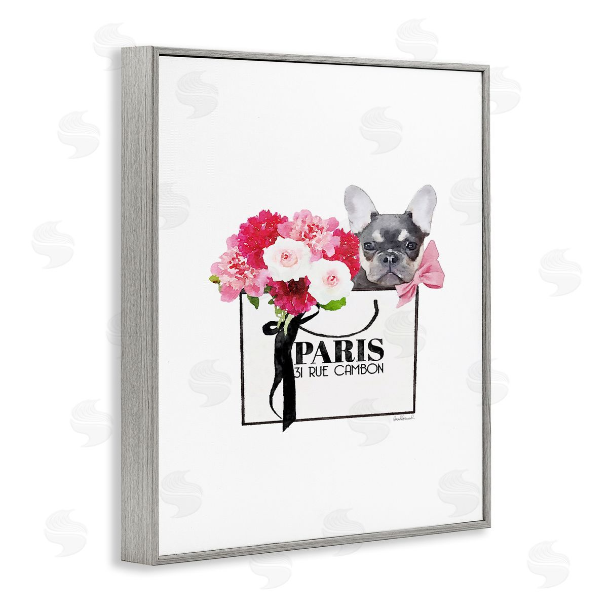 Fashion Bag Flowers & Dog Grey Frame Print Wall Art, Home Decor by Amanda Greenwood