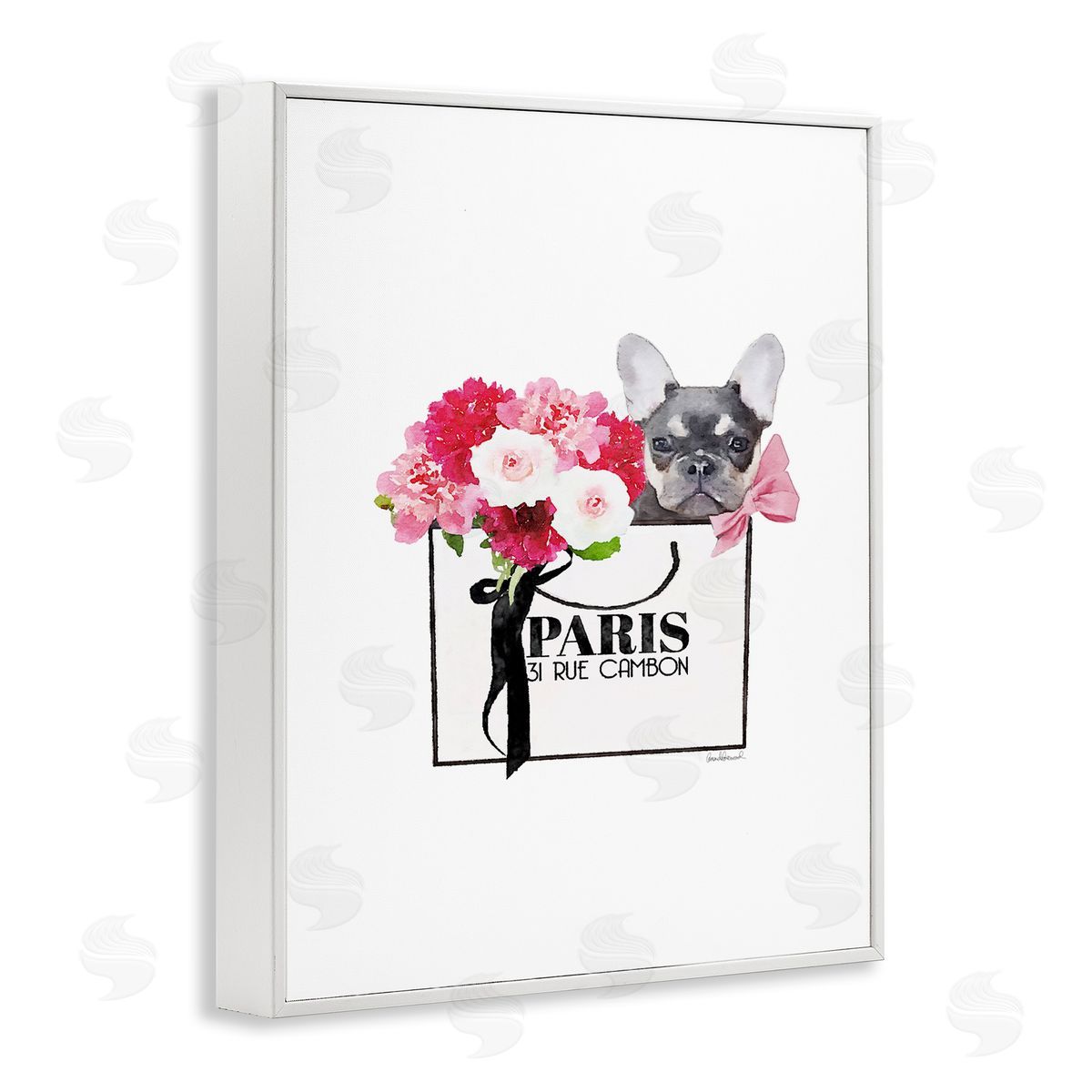 Fashion Bag Flowers & Dog White Frame Print Wall Art, Home Decor by Amanda Greenwood