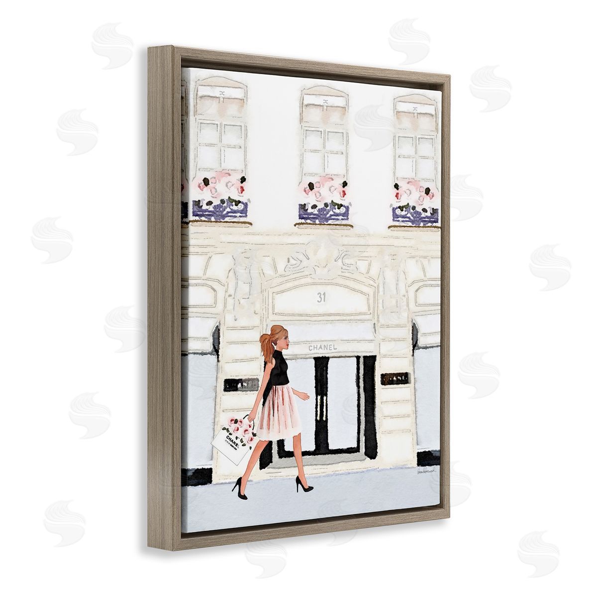 Fashion Building Woman Shopper Brown Floating Frame Canvas Wall Art, Home Decor by Amanda Greenwood