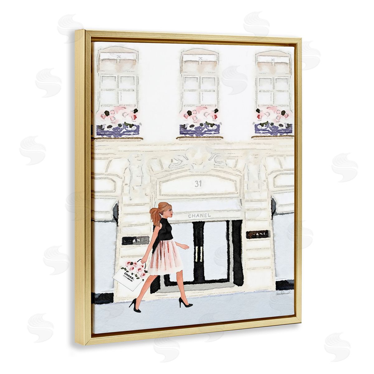Fashion Building Woman Shopper Gold Floating Frame Canvas Wall Art, Home Decor by Amanda Greenwood