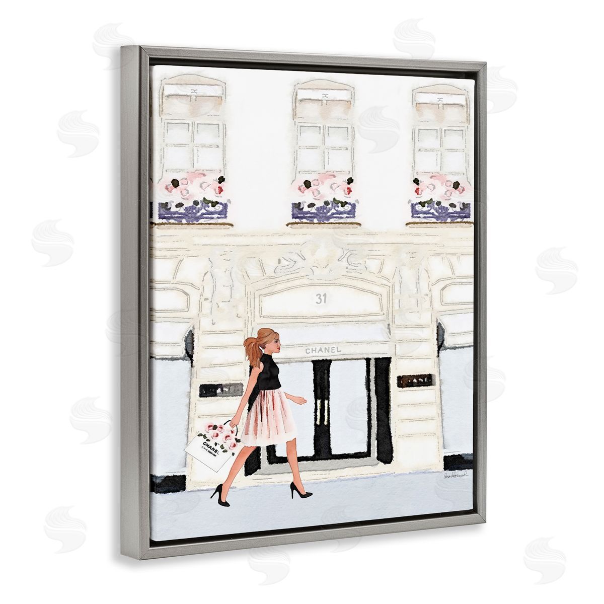 Fashion Building Woman Shopper Grey Floating Frame Canvas Wall Art, Home Decor by Amanda Greenwood