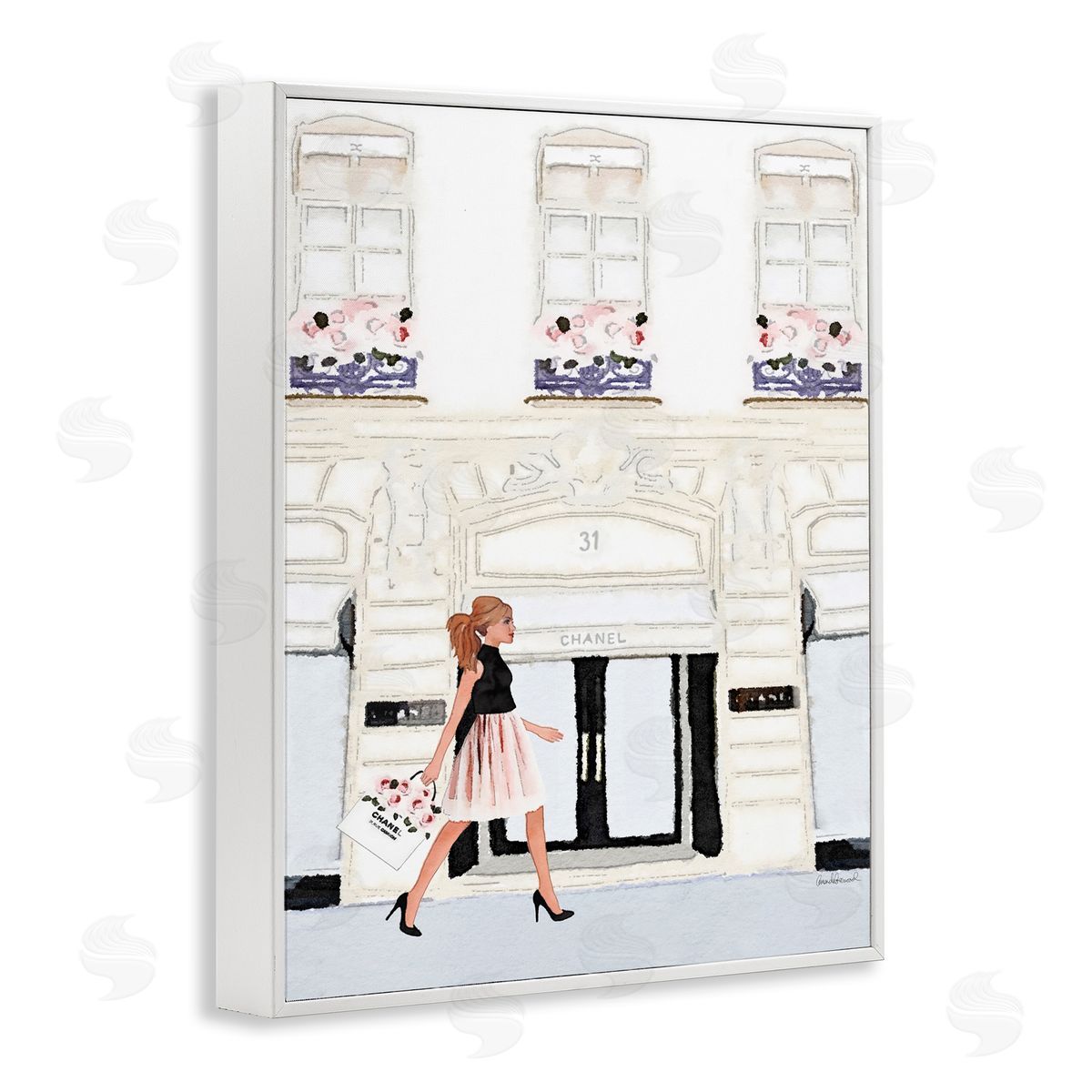 Fashion Building Woman Shopper White Frame Print Wall Art, Home Decor by Amanda Greenwood