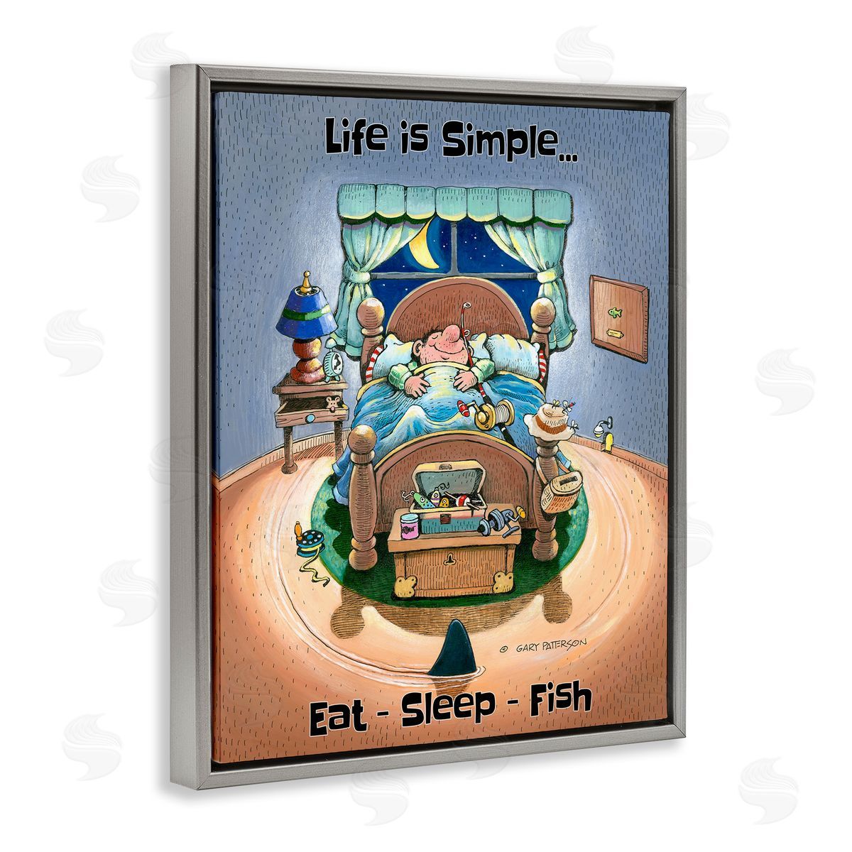 Eat Sleep Fish Funny Sports Grey Floating Frame Canvas Wall Art, Home Decor by Gary Patterson