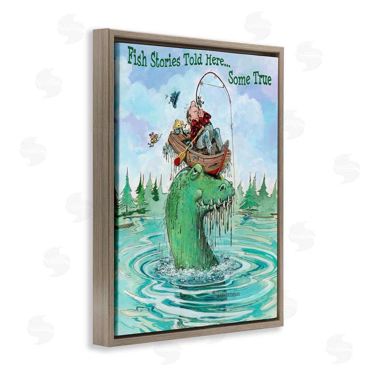 Fishing Stories Told Here Funny Brown Floating Frame Canvas Wall Art, Home Decor by Gary Patterson