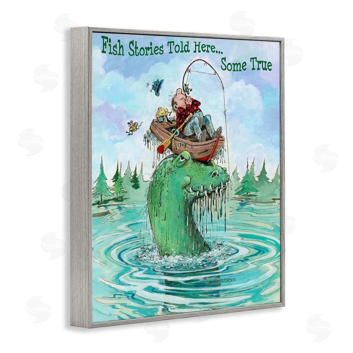 Fishing Stories Told Here Funny Grey Frame Print Wall Art, Home Decor by Gary Patterson