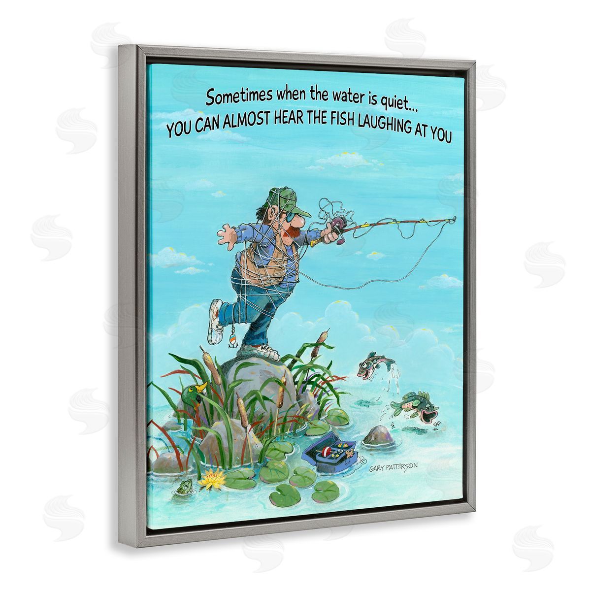 Fish Laughing Funny Sports Grey Floating Frame Canvas Wall Art, Home Decor by Gary Patterson