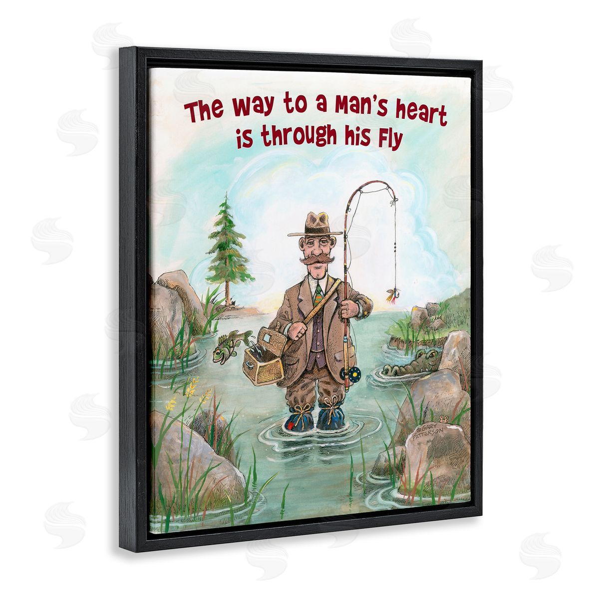 His Fly Funny Sports Fishing Black Floating Frame Canvas Wall Art, Home Decor by Gary Patterson