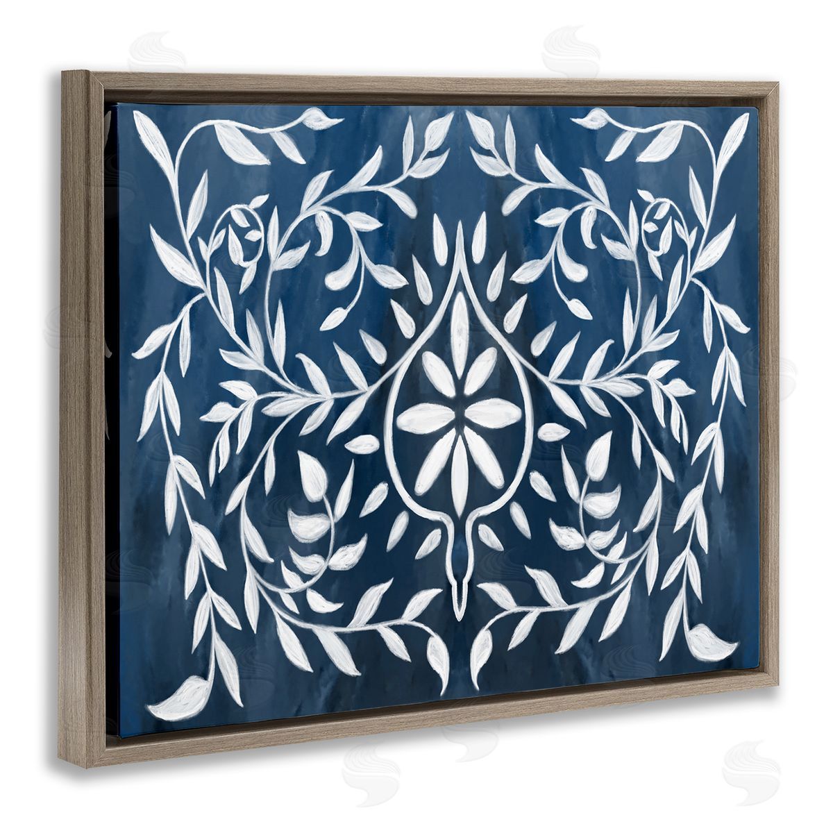 Blue White Leaf Gilding Pattern Brown Floating Frame Canvas Wall Art, Home Decor by Stupell Studio
