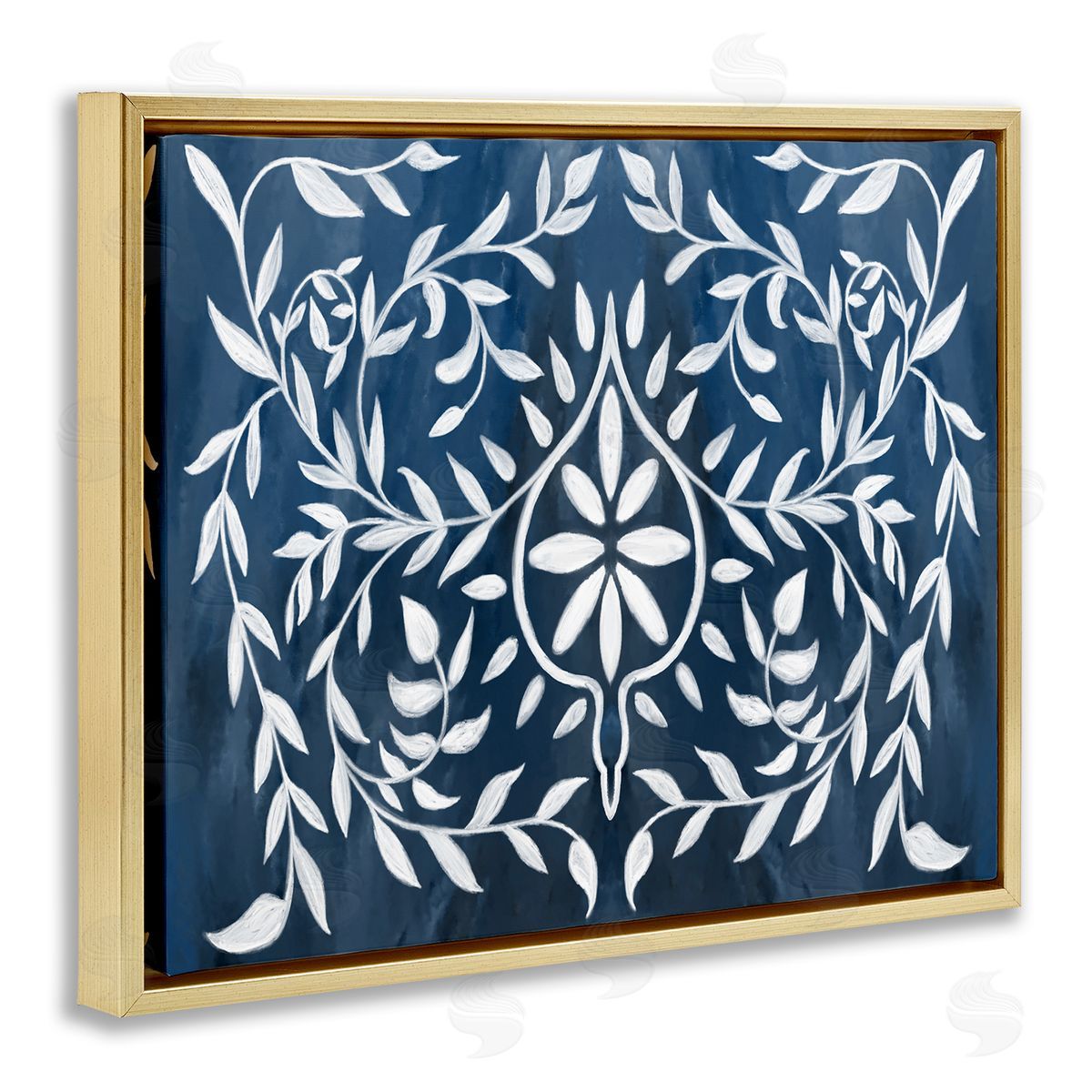 Blue White Leaf Gilding Pattern Gold Floating Frame Canvas Wall Art, Home Decor by Stupell Studio
